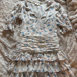 LoveShackFancy Cream Floral Dress with Blue and Pink Hues